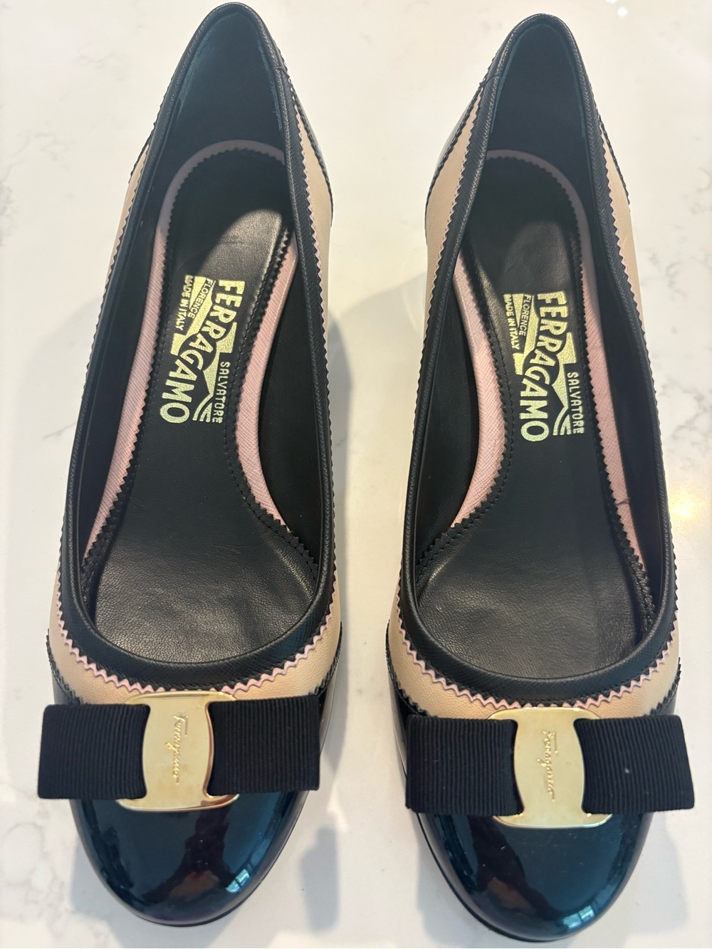 Salvatore Ferragamo Black Patent and Beige Leather Vara Bow Flats